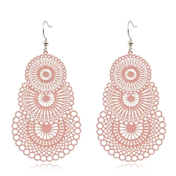 Vintage Style Filigree Tiered Circle Petal Pink Drop Earrings NWT - Picture 1 of 8